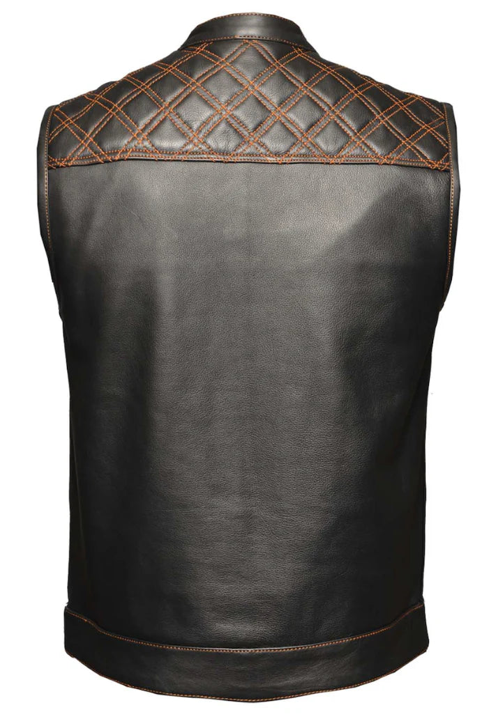 Open Road Men's Upside Leather with Orange Stitched Diamonds Vest - Boutique of Leathers/Open Road