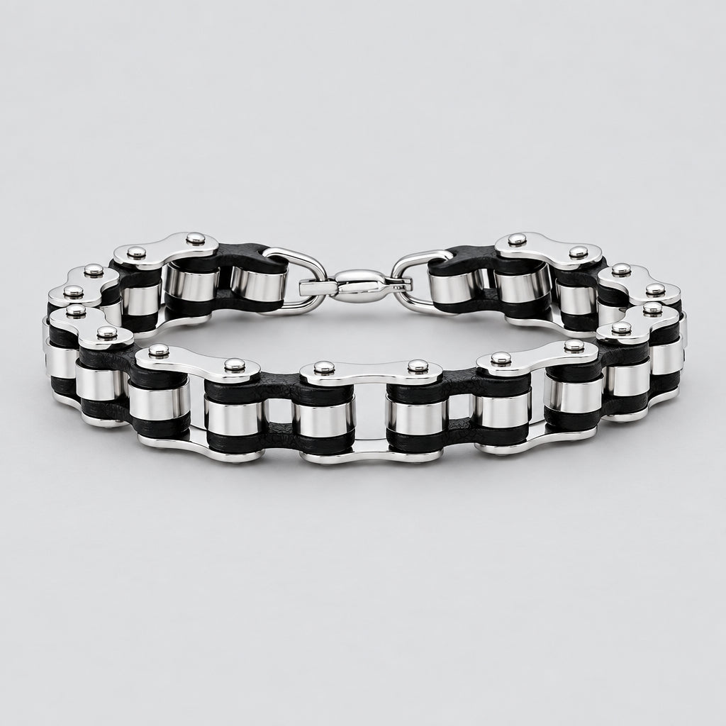 Men’s Stainless Steel Bicycle Chain Industrial Two-Tone Gear Biker Bracelet - Boutique of Leathers/Open Road