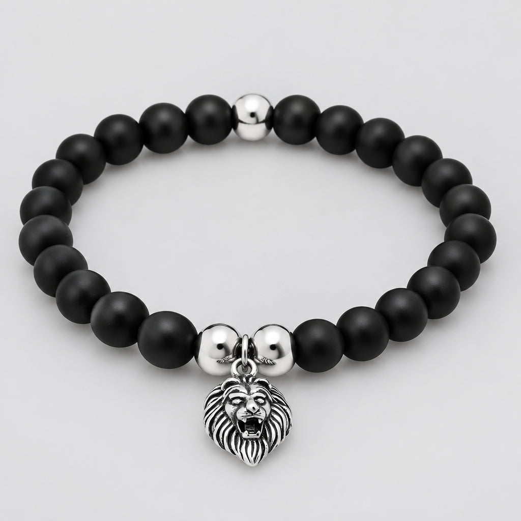 Men’s Black Lava Stone Beaded Bracelet with Stainless Steel Lion Head Charm Biker Bracelet - Boutique of Leathers/Open Road