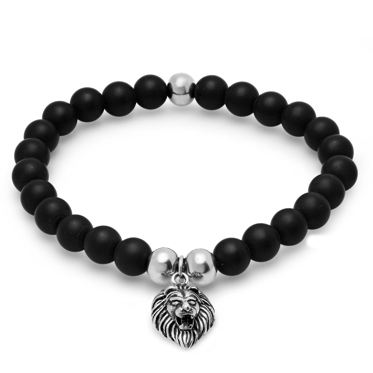 Men’s Black Lava Stone Beaded Bracelet with Stainless Steel Lion Head Charm Biker Bracelet