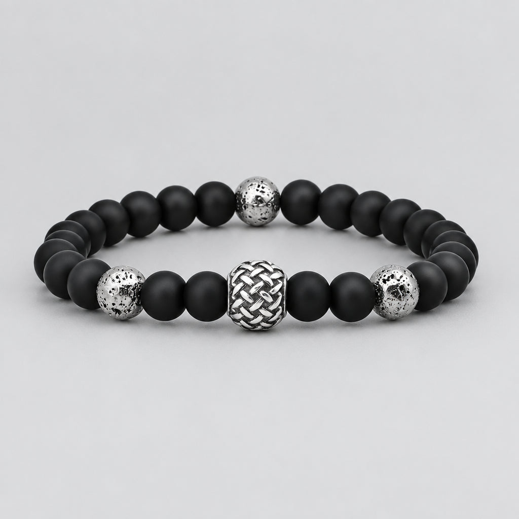 Men’s Matte Black Bead Bracelet with Textured Stainless Steel Ball Biker Bracelet - Boutique of Leathers/Open Road