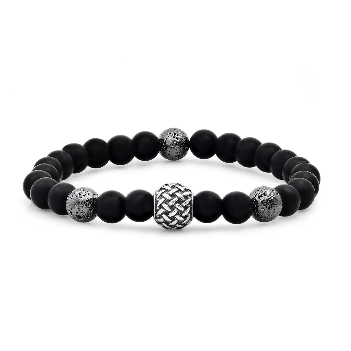 Men’s Matte Black Bead Bracelet with Textured Stainless Steel Ball Biker Bracelet