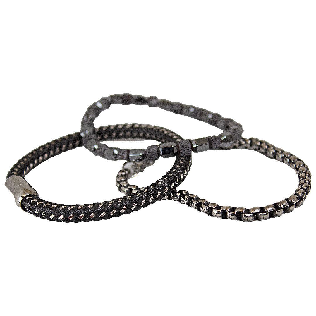 SteelTime Men's Black Leather and Stainless Steel Bracelets with Haematite and Lava Stone