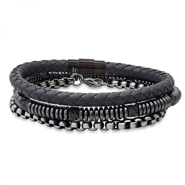 SteelTime Men's Black Leather and Stainless Steel Bracelets with