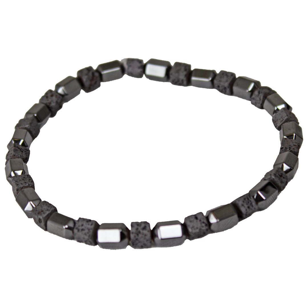 SteelTime Men's Black Leather and Stainless Steel Bracelets with Haematite and Lava Stone