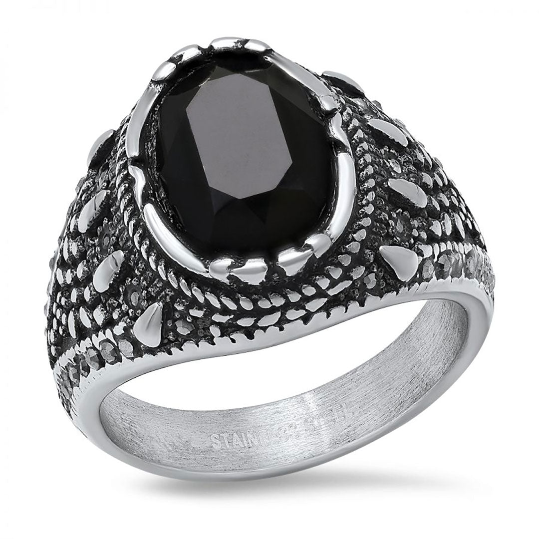 SteelTime Men's Stainless Steel Gothic Simulated Black Diamond Ring