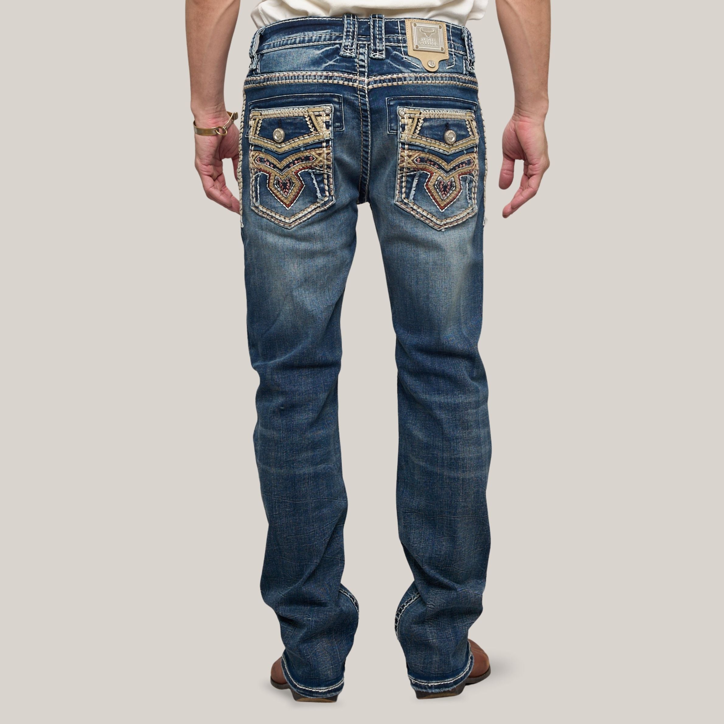 Eagle Warrior Men’s Premium Bootcut Jeans. Tribal Embroidered 7-Pocket Stretch Denim