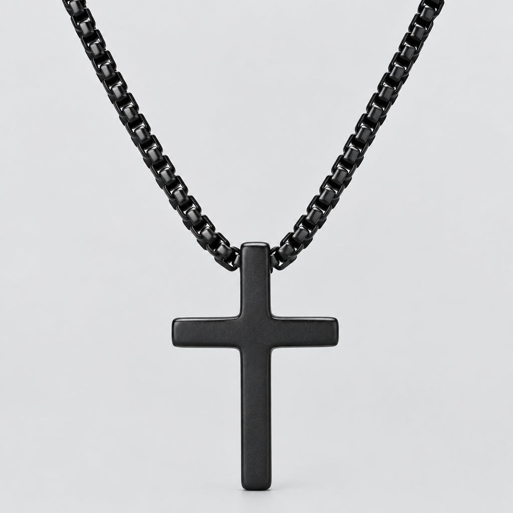 Men's Black Steel Cross Pendant Necklace Box Chain Biker Jewelry - Boutique of Leathers/Open Road