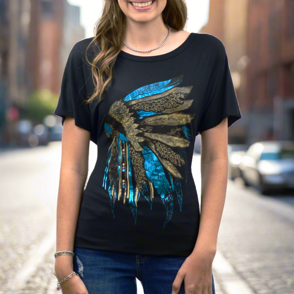 Scoop Neck Tee with Rhinestone-Embellished Headdress Design