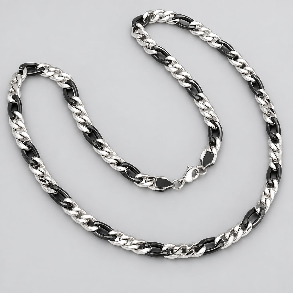 Men’s Two-Tone Stainless Steel & Black IP Figaro Chain Necklace for Bikers - Boutique of Leathers/Open Road