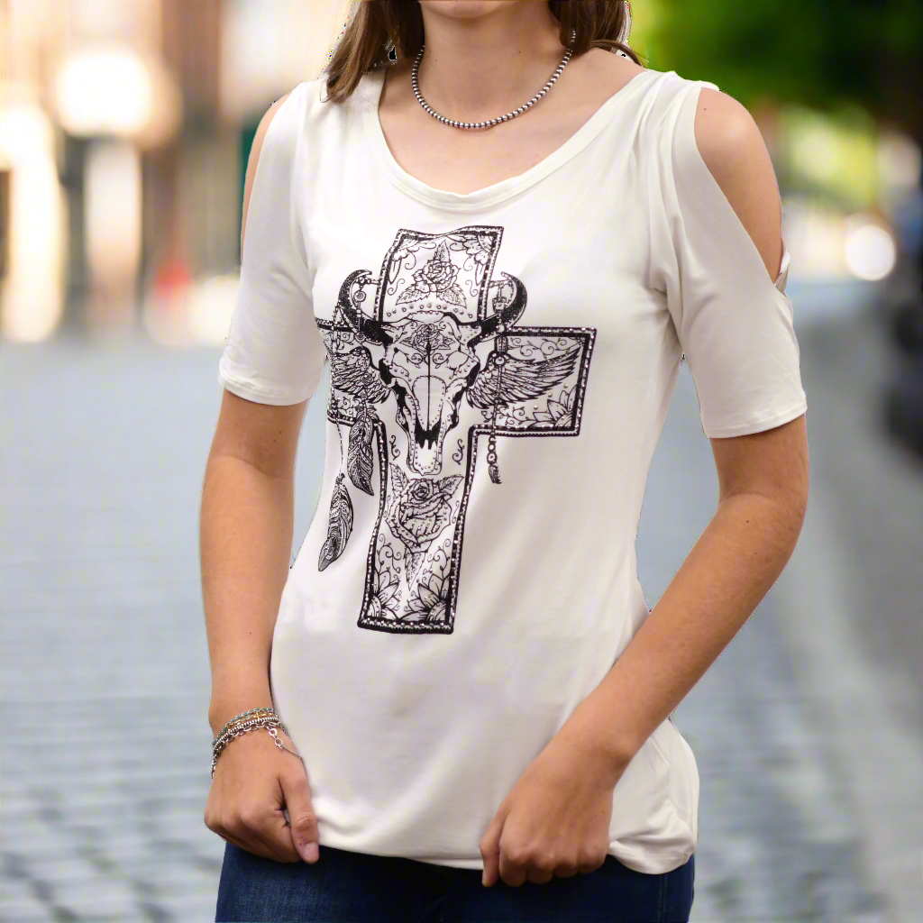 Scoop Neck Tee with Steer Head, Cross, and Feather Details - Boutique of Leathers/Open Road