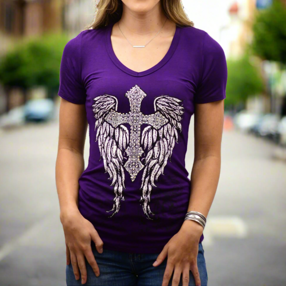 V-Neck Tee with Cross, Wings, and Rhinestone Accents - Boutique of Leathers/Open Road