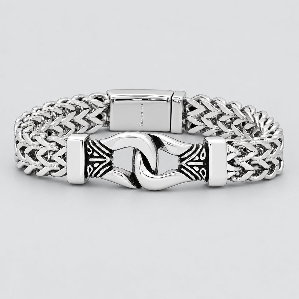 Men’s Stainless Steel Double Row Wheat Chain Bracelet. Biker Buckle Design - Boutique of Leathers/Open Road