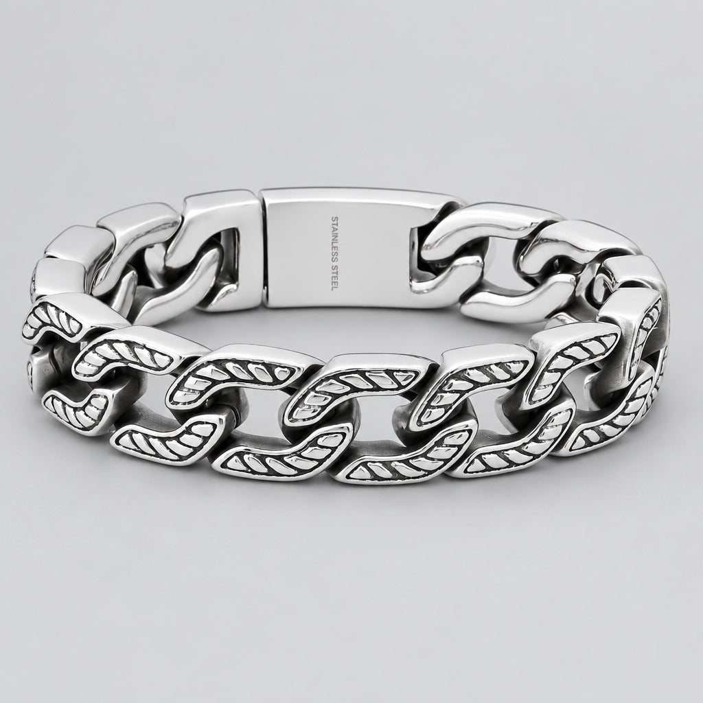 Men’s Heavy Stainless Steel Cuban Link Bracelet. Oxidized Chevron Accent Biker Chain - Boutique of Leathers/Open Road