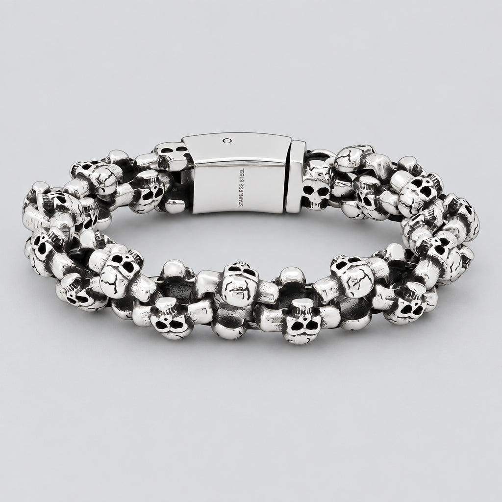 Men’s Stainless Steel Multi-Skull Link Bracelet. Heavy-Duty Biker Jewellery - Boutique of Leathers/Open Road