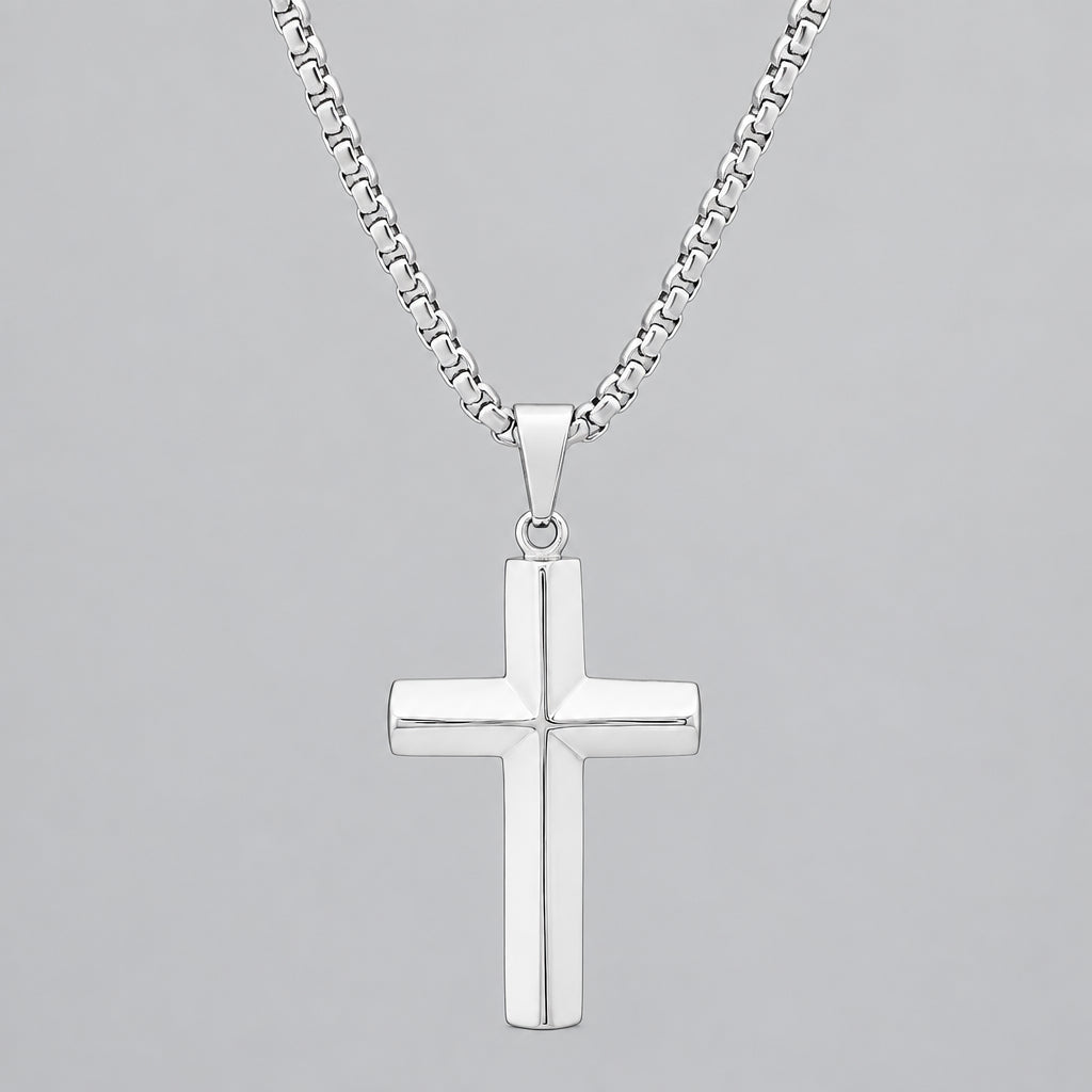 Men’s Stainless Steel Knife-Edge Cross Pendant Necklace. Polished Biker Jewellery - Boutique of Leathers/Open Road
