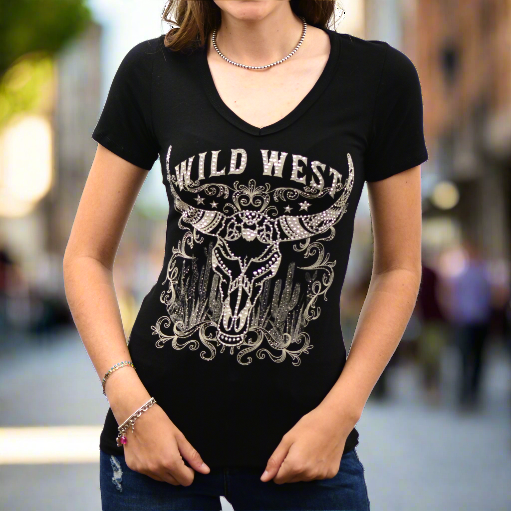 Wild West V-Neck Tee with Steerhead and Cacti - Boutique of Leathers/Open Road