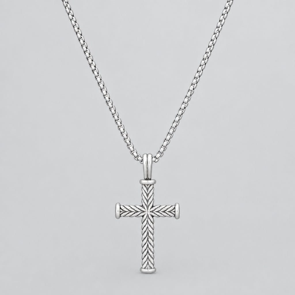 Men’s Stainless Steel Twist Design Cross Pendant. Textured Biker Wheat Chain Necklace - Boutique of Leathers/Open Road