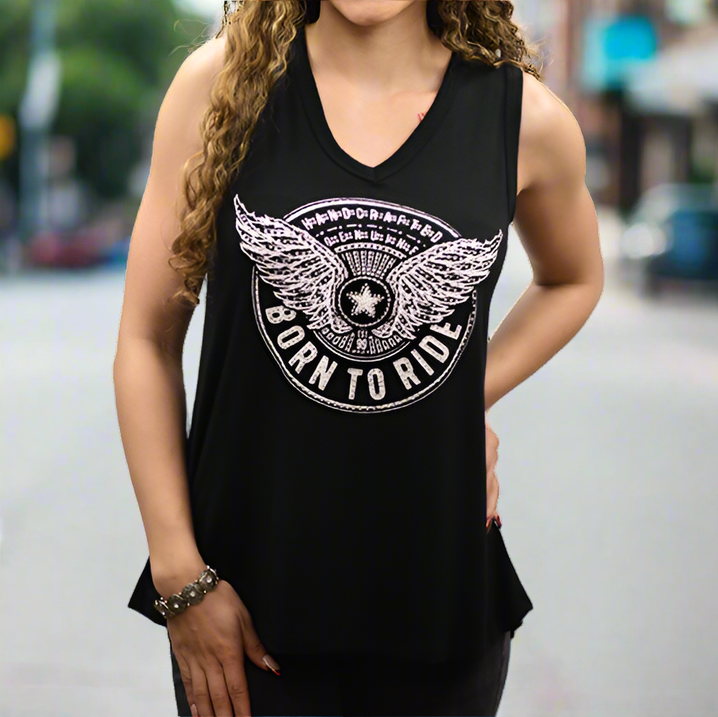 Born to Ride Tank with Star & Wings Graphic and Lace Back Details