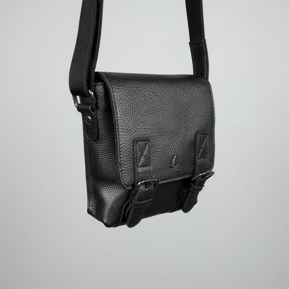 Greenwood Leather Small Messenger Bag. Genuine PDM Leather Vertical Crossbody with Buckle Flap