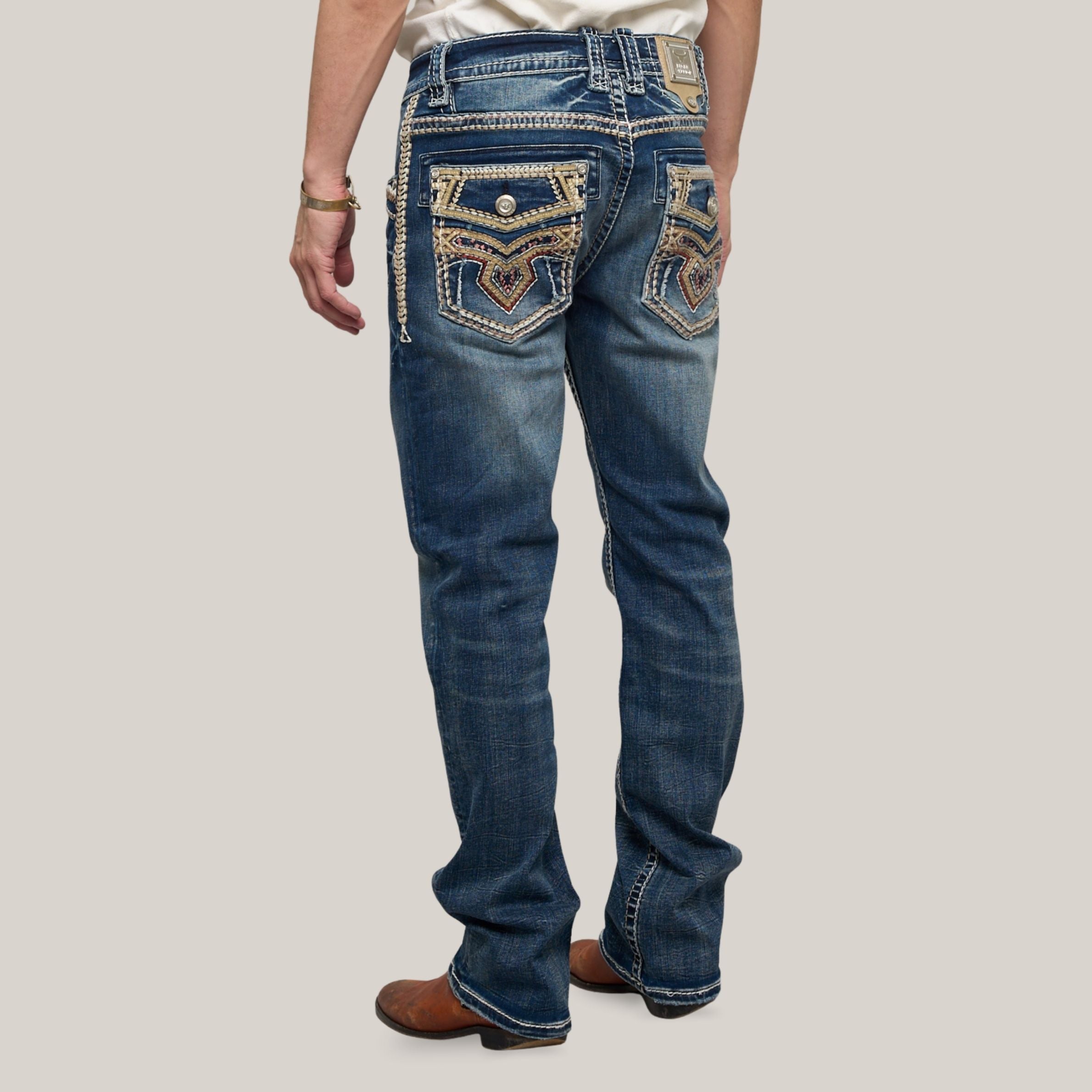 Eagle Warrior Men’s Premium Bootcut Jeans. Tribal Embroidered 7-Pocket Stretch Denim