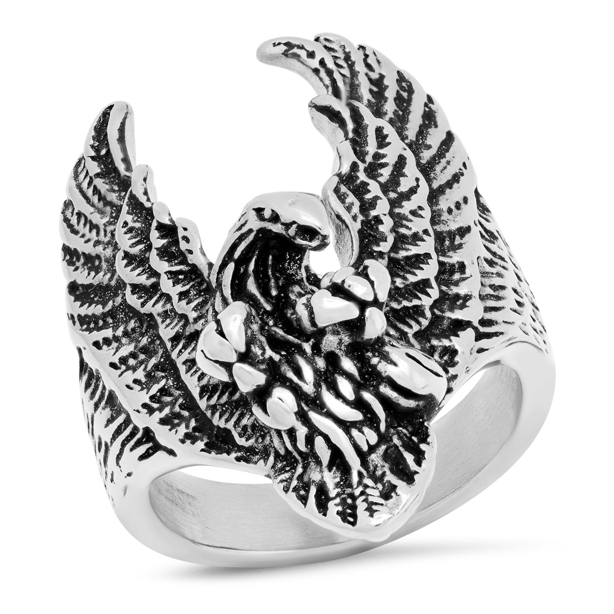 Men’s Stainless Steel Eagle Ring. Detailed Wings Biker Signet Jewellery