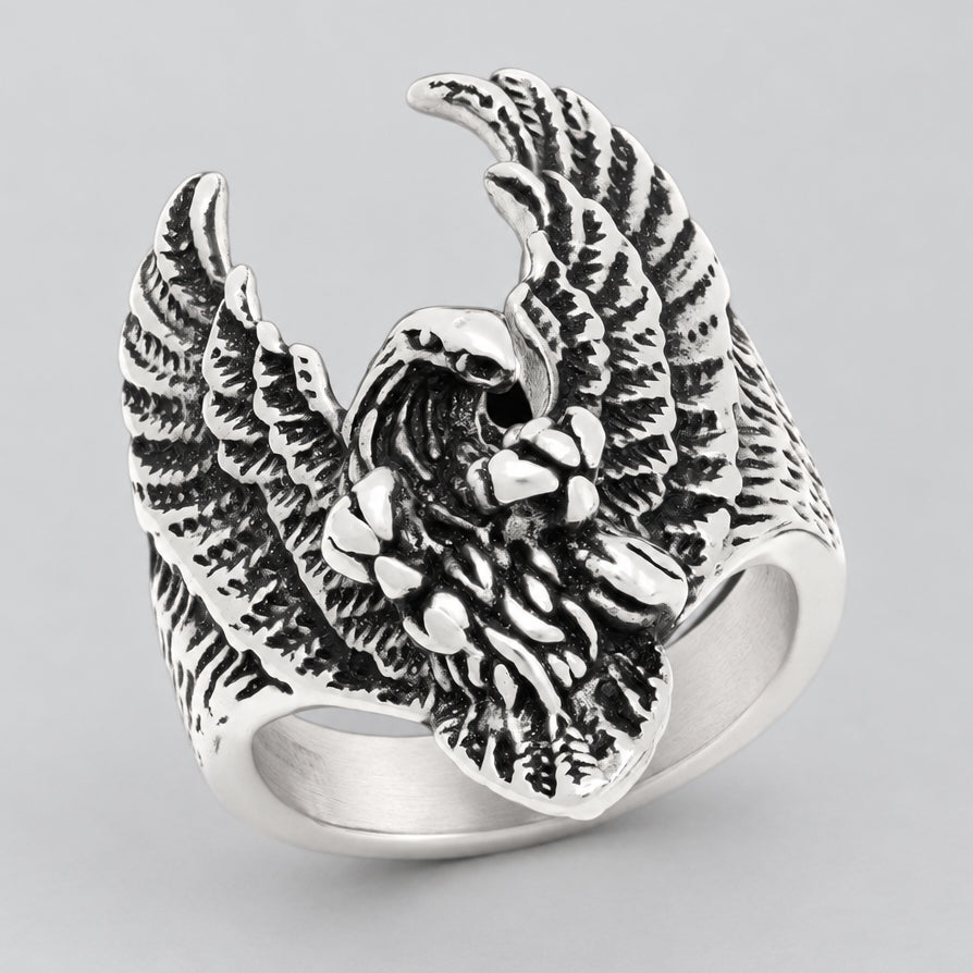 Men’s Stainless Steel Eagle Ring. Detailed Wings Biker Signet Jewellery - Boutique of Leathers/Open Road
