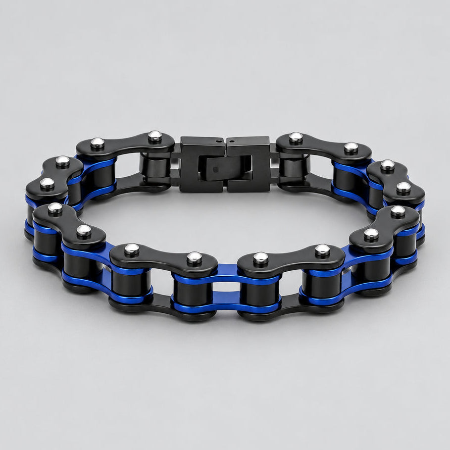 Men’s Two-Tone Black & Blue IP Stainless Steel Bicycle Chain Link Biker Bracelet - Boutique of Leathers/Open Road