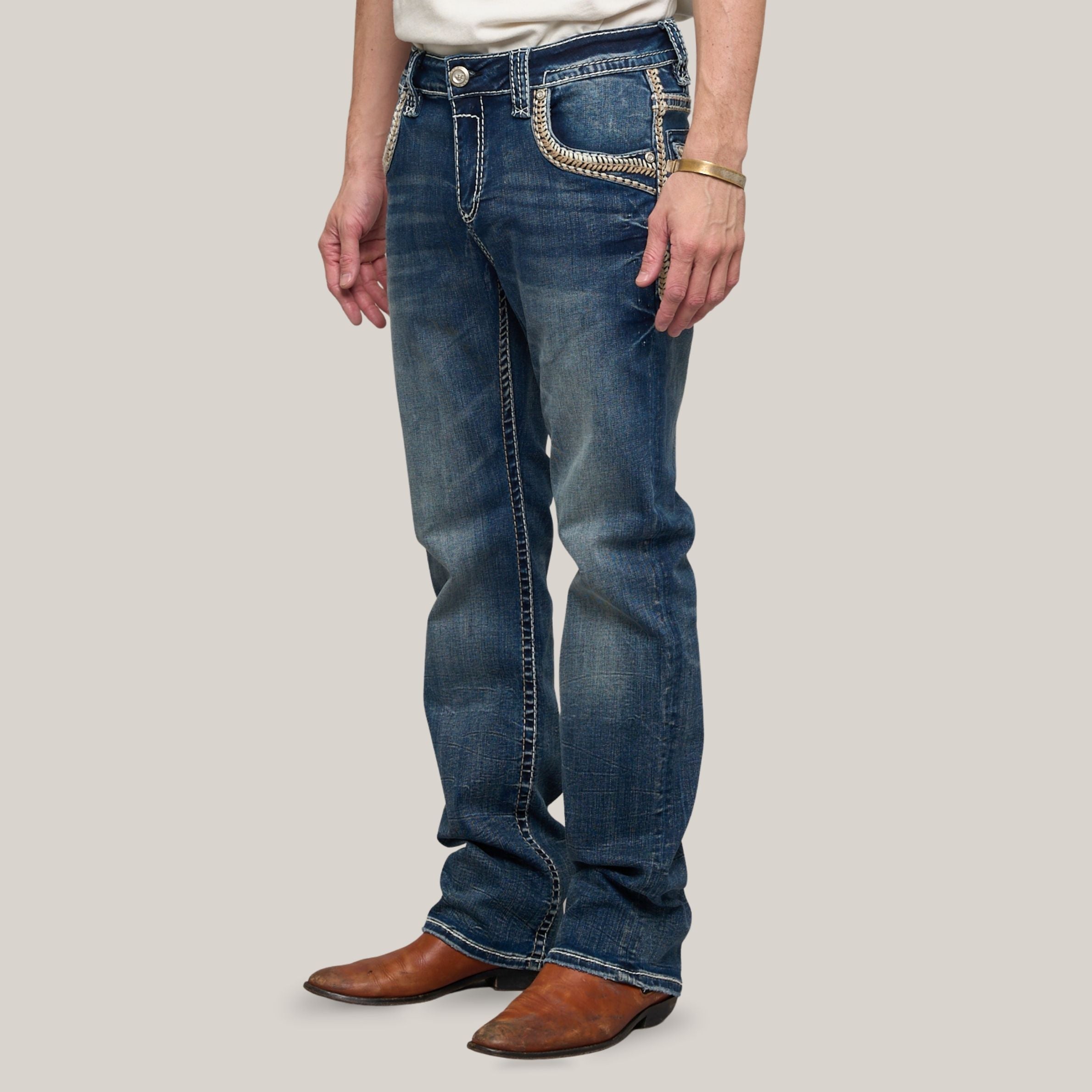 Eagle Warrior Men’s Premium Bootcut Jeans. Tribal Embroidered 7-Pocket Stretch Denim