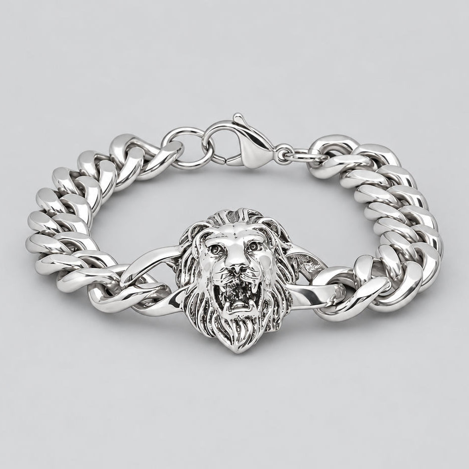 Men’s Stainless Steel Lion Head Cuban Link Bold Biker Bracelet - Boutique of Leathers/Open Road