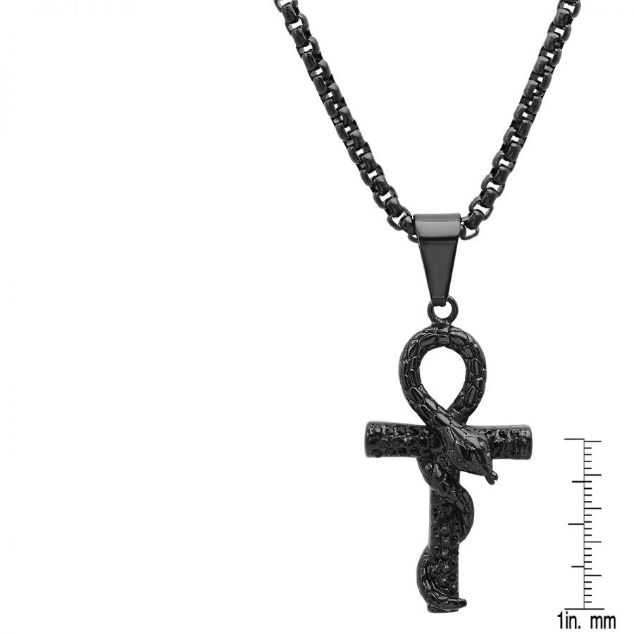 Men’s Black IP Stainless Steel Snake & Cross Pendant Biker Necklace
