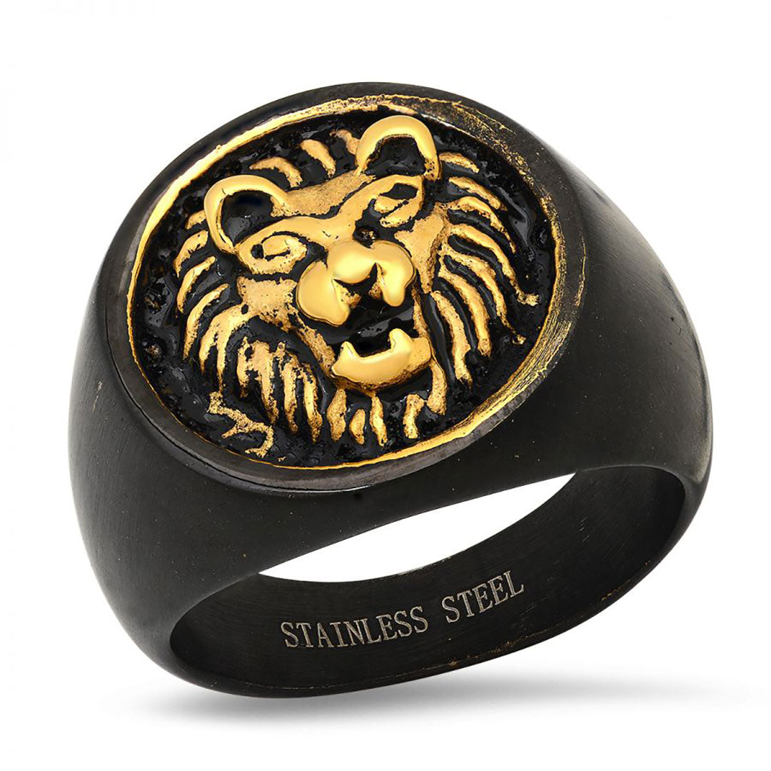 SteelTime Men's Black Stainless Steel Signet Ring with Gold Lion
