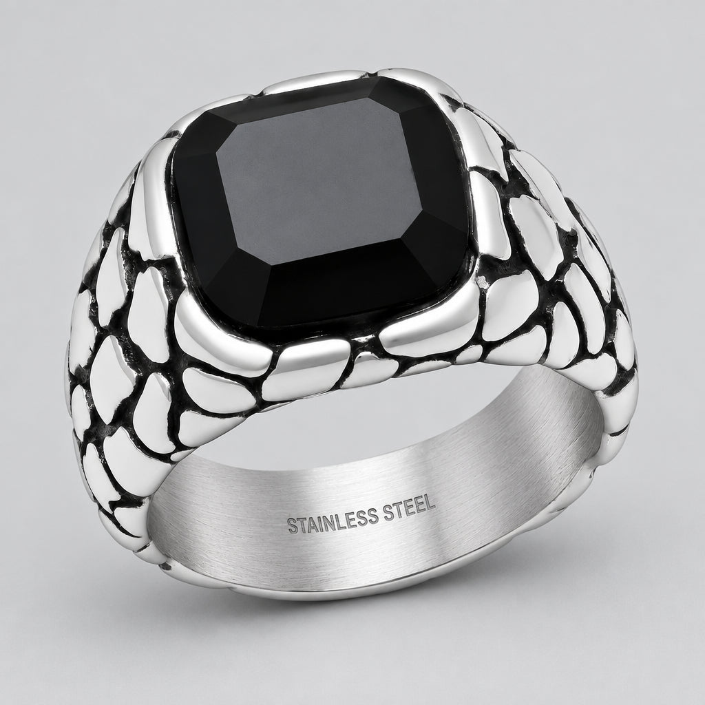 Men’s Stainless Steel Pebble Texture Signet Biker Ring - Boutique of Leathers/Open Road
