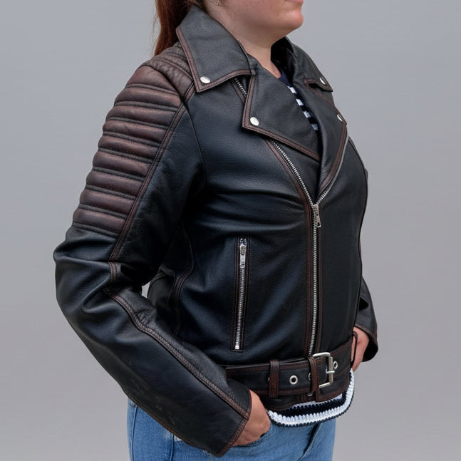 Open Road Women's Genuine Leather Two Tone Motorcycle Jacket - Boutique of Leathers/Open Road