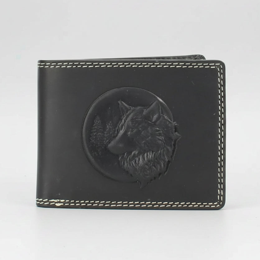 Men’s Cow Leather Wolf Embossed Bifold Wallet