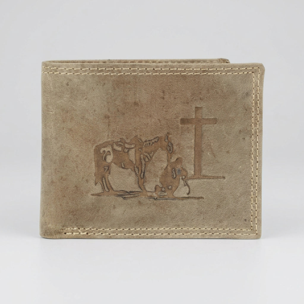 A light tan leather bifold wallet with a distressed finish, featuring a debossed Christian theme on the front with a cross, a kneeling figure, and a horse, finished with light-colored contrast stitching.