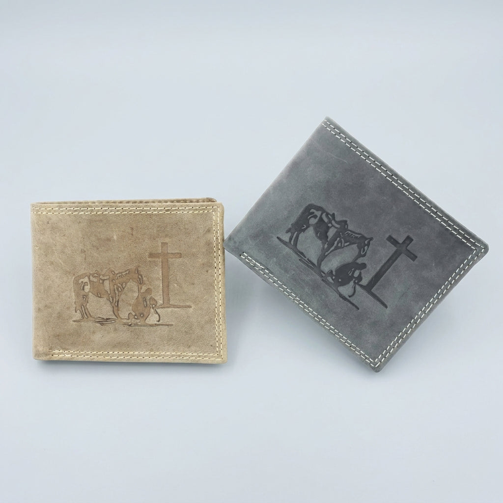 Two bi-fold wallets made of distressed leather, one in beige and one in dark gray, both featuring an embossed design of a kneeling figure with a cross.