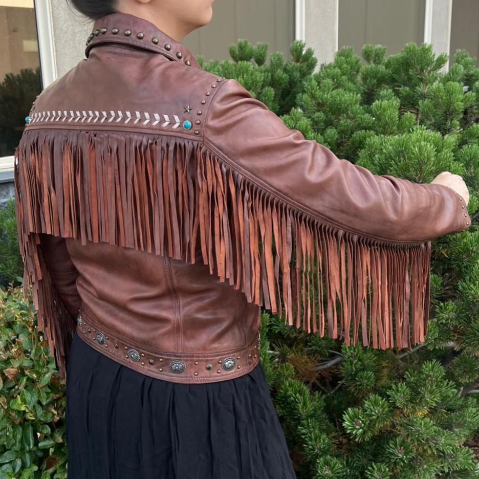 Real Leather Brand Vintage Tan Leather Fringe Embellished Western Jacket popular Large