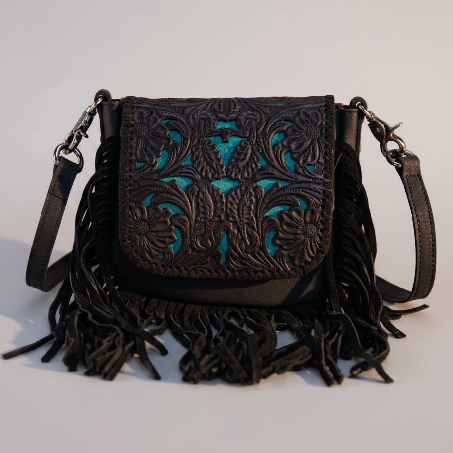 Montana West Vintage Tooled Leather Fringe Crossbody Bag. Floral Embossed Western Bag - Boutique of Leathers/Open Road