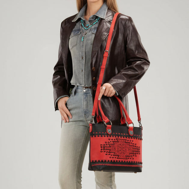 Montana West Western Tooled Aztec Tote. Structured PU Leather Crossbody with Turquoise Accents - Boutique of Leathers/Open Road