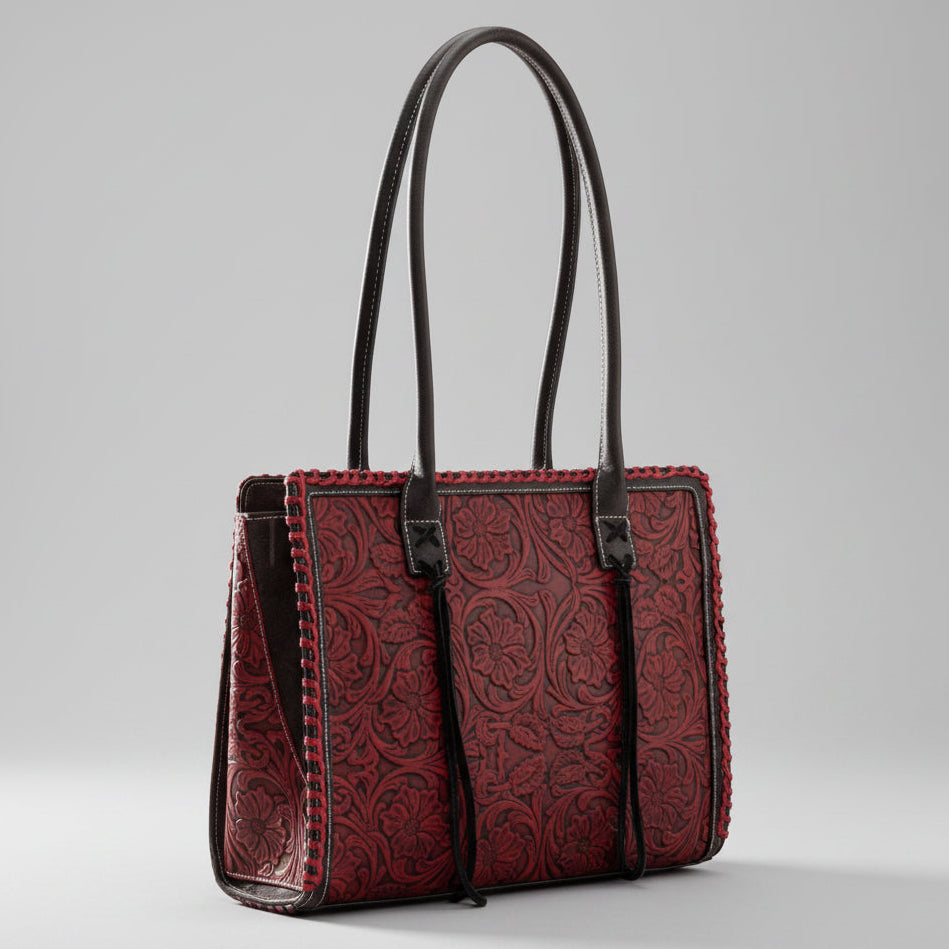 Montana West Vintage Tooled Tote Bag. Floral Embossed Western Handbag