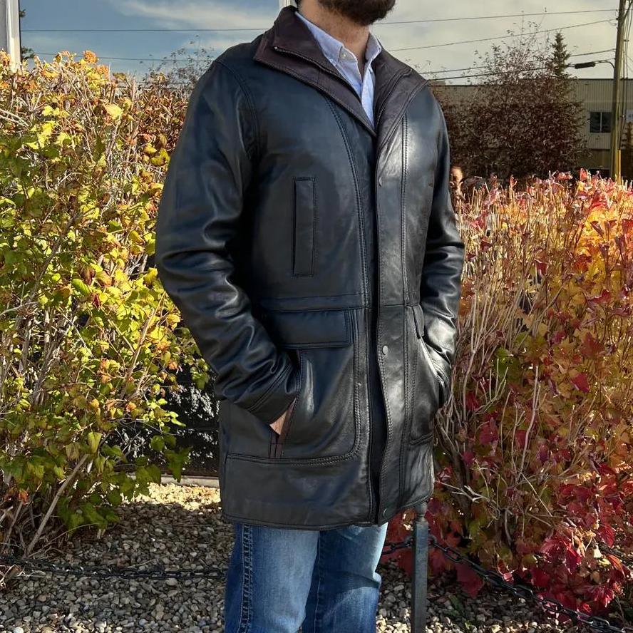 ジャケット・アウター LEATHER COMBINATION DOUBLE LAPELED COAT BOL Men's Double Collar Two-Tone Long Coat - Boutique of