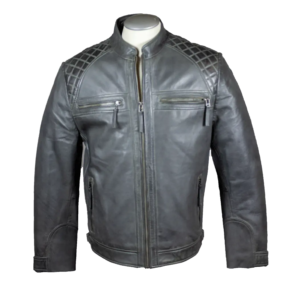Mens leather jacket quilted shoulders hot sale