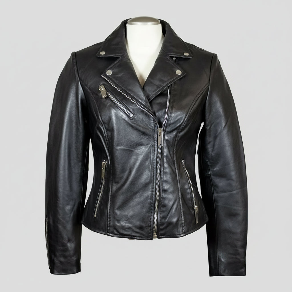 Women's Premium Lamb Leather Moto Jacket with Asymmetrical Zippers