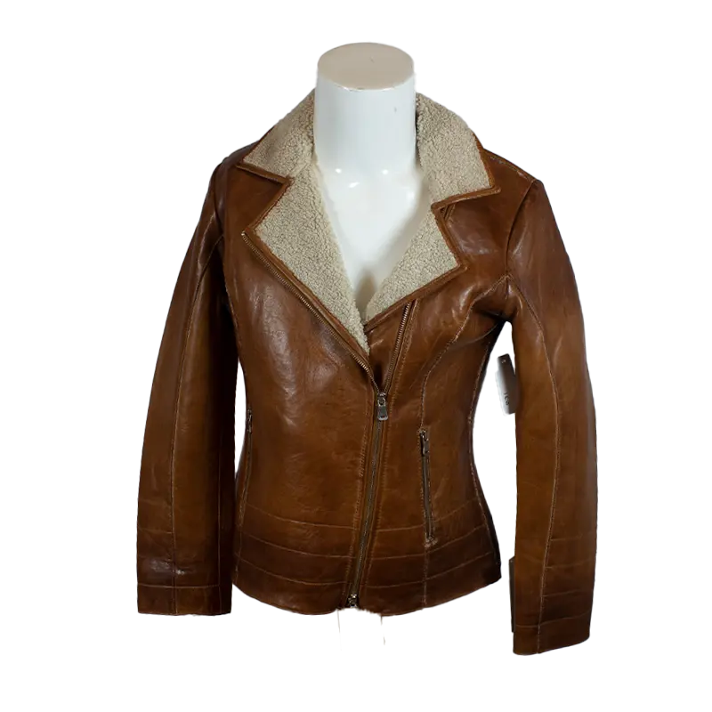 BOL Women s Fur Collar Leather Jacket Brown X Small