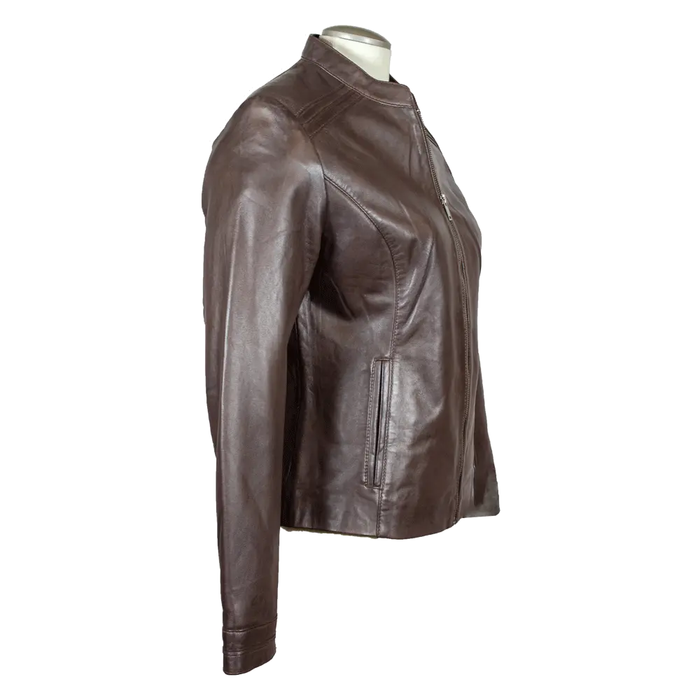 BOL Women s Round Collar Leather Jacket Brown 6 S