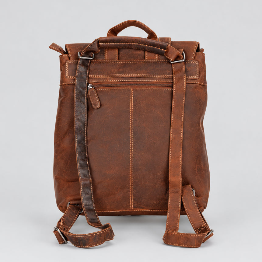 A brown distressed leather backpack shown from the back, featuring a top handle, a vertical zippered pocket, and adjustable shoulder straps