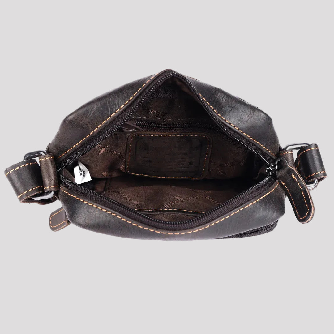 Greenwood Leather Mini-Messenger Bag. Premium Compact Crossbody Travel Organizer - Boutique of Leathers/Open Road