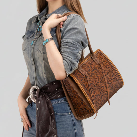 Montana West Vintage Tooled Tote Bag. Floral Embossed Western Handbag - Boutique of Leathers/Open Road