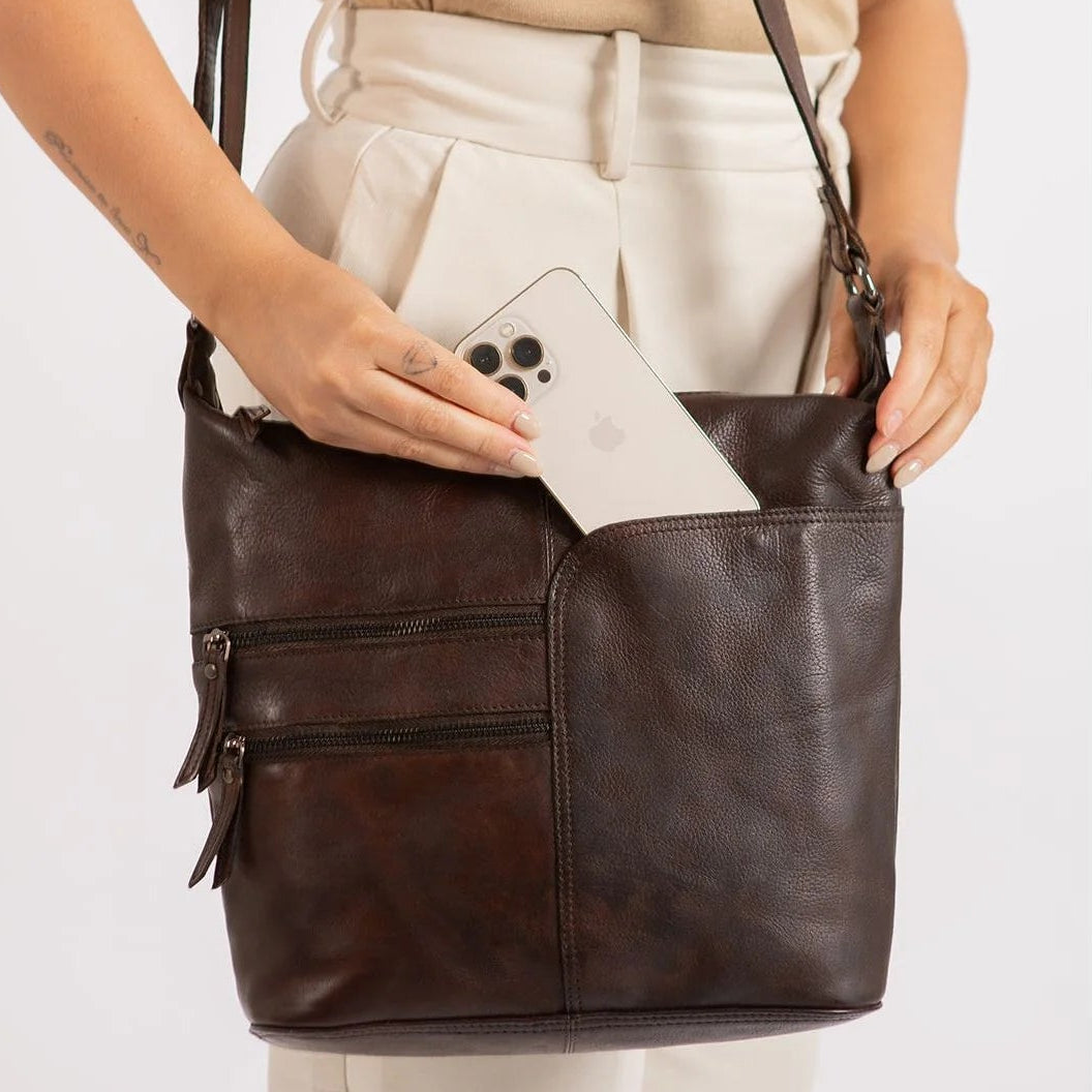Greenwood Leather Shoulder Bag with 2 Zip Pockets